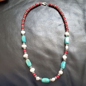 Silver 925°Necklace with turquoise, coral, pearls.